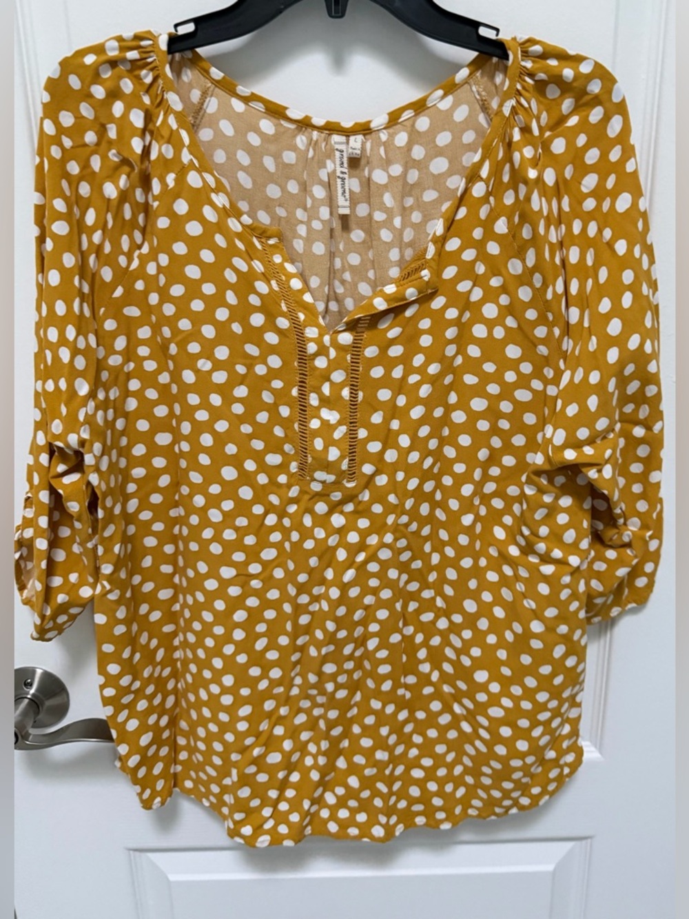 Grand & Greene Gold & White Polka Dot Blouse, Tab up sleeves, Size Large